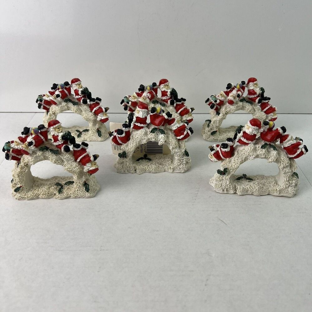 Vintage 1997 Tumbling Santa Napkin Holders Rings Holly Christmas AS IS